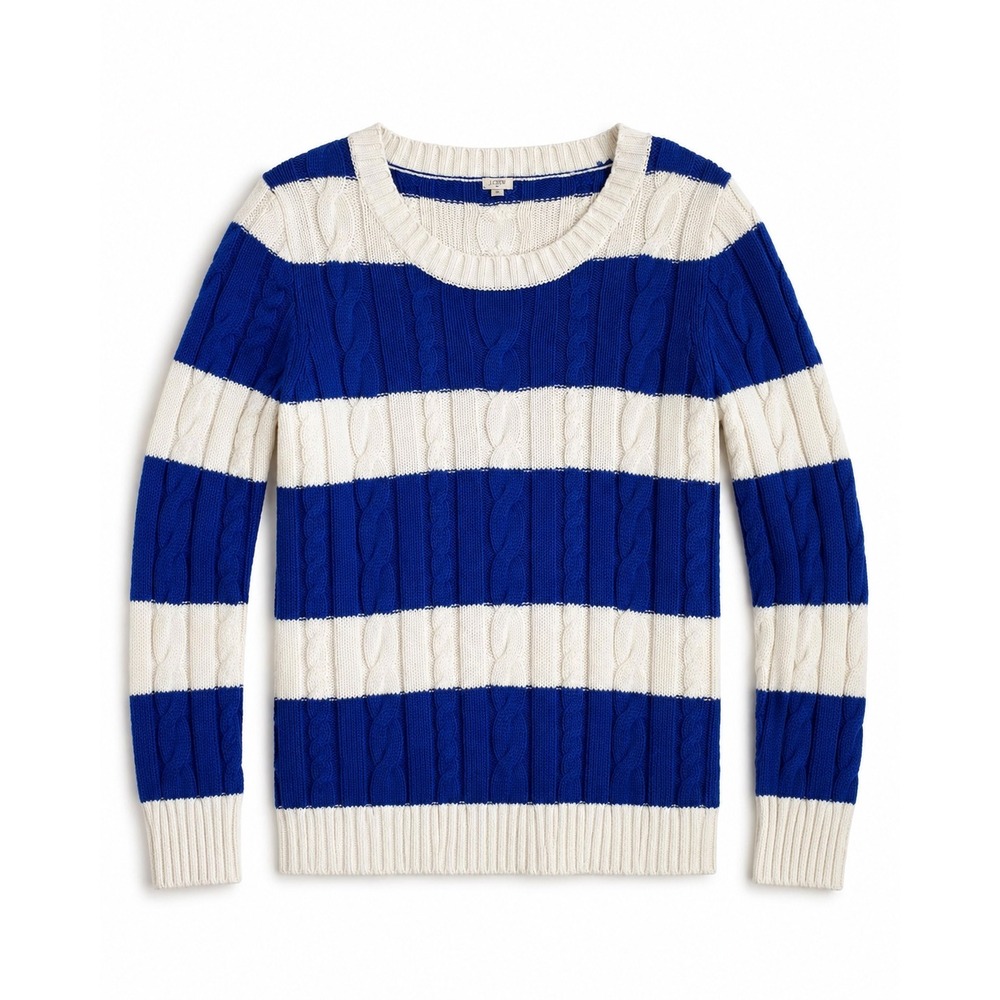 J.Crew Blue & White Rugby Stripe Cable Knit Cotton Sweater Size Medium Preppy